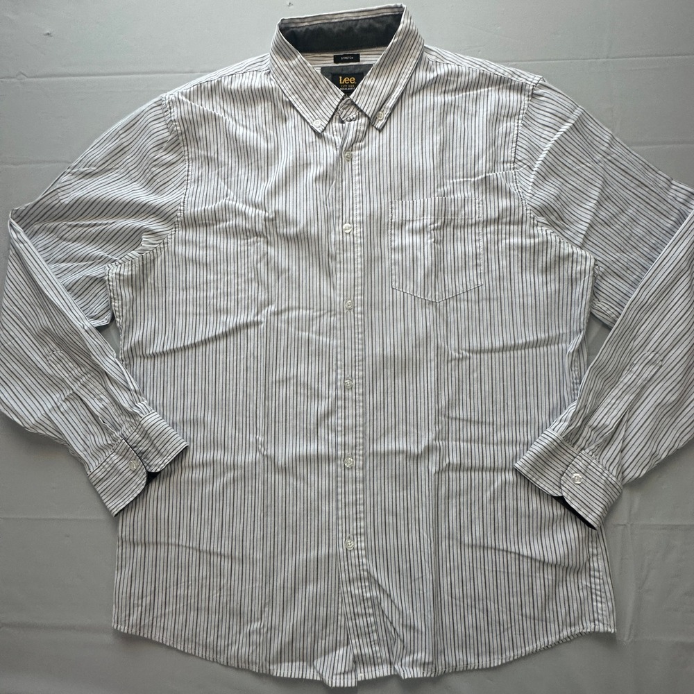 Lee Mens Regular Fit Stretch Long Sleeve Button Down Striped Shirt Large White